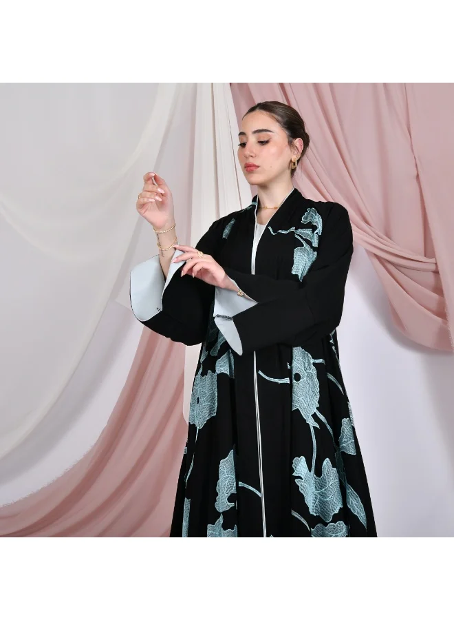 HAWRAA ABAYA Black wrap abaya, half-cloche, with blue embroidery all over the abaya