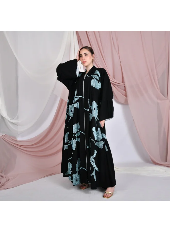 HAWRAA ABAYA Black wrap abaya, half-cloche, with blue embroidery all over the abaya