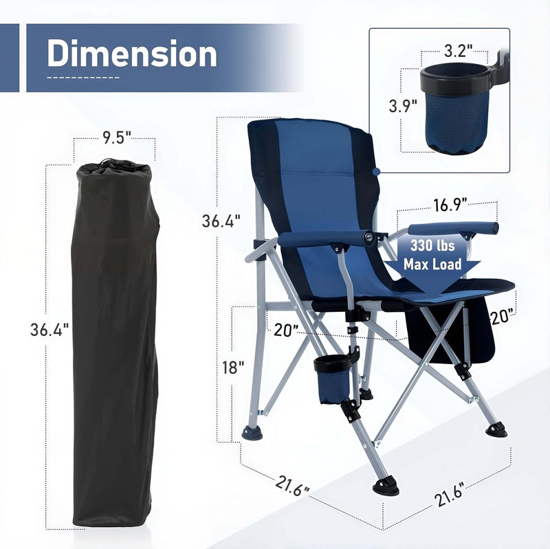 EDUTREE Heavy Duty Folding Camping Chair – Outdoor Camping Chair with 300KG Capacity Steel Frame, Portable & Foldable with Cup Holder and Carry Bag, Lawn Chair for Picnic, Beach, Travel (Blue) - Image 2