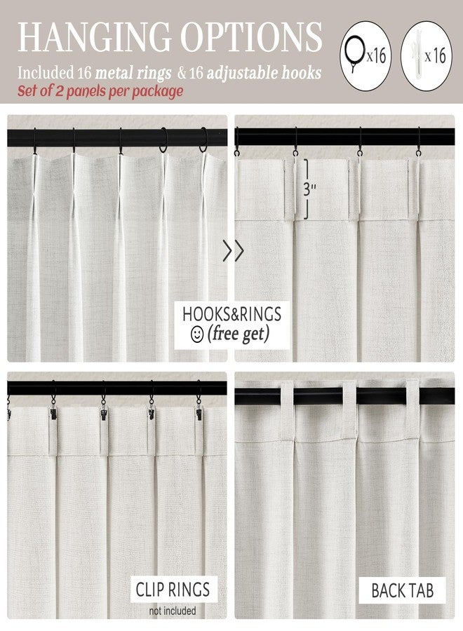 PleatedDrapes ستائر طويلة للغاية مصممة خصيصًا لغرفة المعيشة، بطول 105 بوصة من الأرض إلى السقف، مصنوعة من الكتان الأبيض والبيج المحايد، بتصميم مطوي، شفافة لتصفية الضوء، طقم من قطعتين مع حلقات تعليق، مناسبة لنافذة كبيرة بقياس 104-106 بوصة. - Image 4
