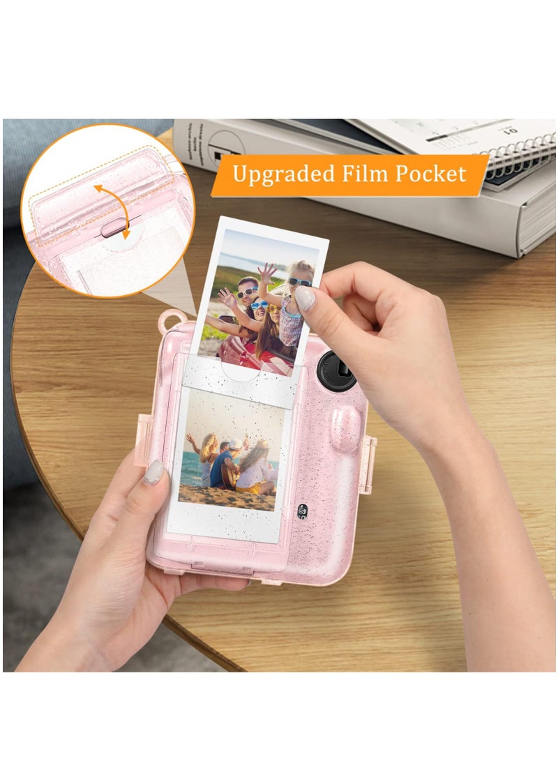 Protective Clear Case for Fujifilm Instax Mini 12 Instant Camera/Crystal Hard Shell Cover w/Upgraded Film Pocket for Storing Photos & Removable Shoulder Strap (Transparent Pink) - Image 5