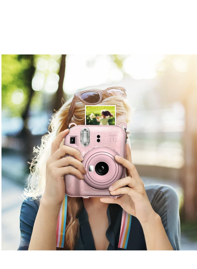 Protective Clear Case for Fujifilm Instax Mini 12 Instant Camera/Crystal Hard Shell Cover w/Upgraded Film Pocket for Storing Photos & Removable Shoulder Strap (Transparent Pink) - Image 4