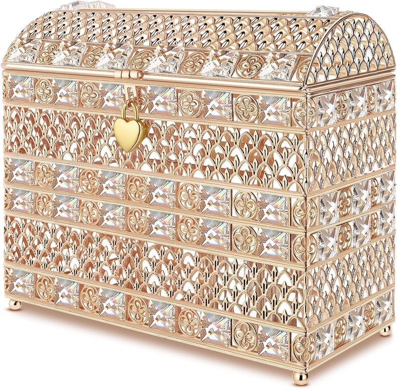 Nitial Crystal Wedding Card Box with Heart Lock 11in Wedding Money Box Treasure Chest Gold Bead Card Receiving Memory Storage for Reception Brithday Graduation Baby Shower Party Decor(Exquisite Style) - Image 1