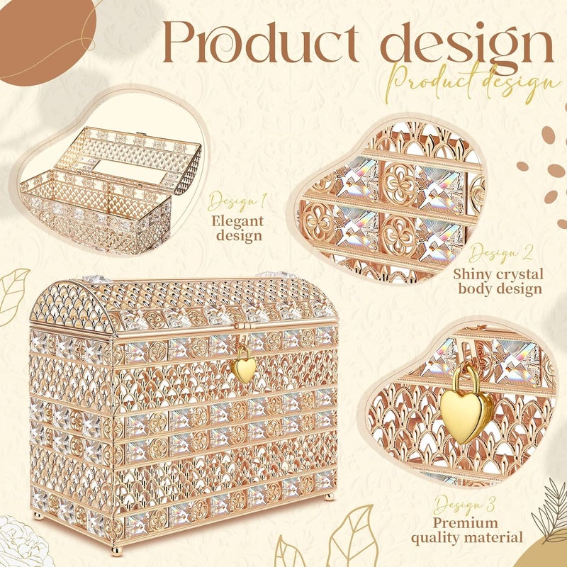 Nitial Crystal Wedding Card Box with Heart Lock 11in Wedding Money Box Treasure Chest Gold Bead Card Receiving Memory Storage for Reception Brithday Graduation Baby Shower Party Decor(Exquisite Style) - Image 4