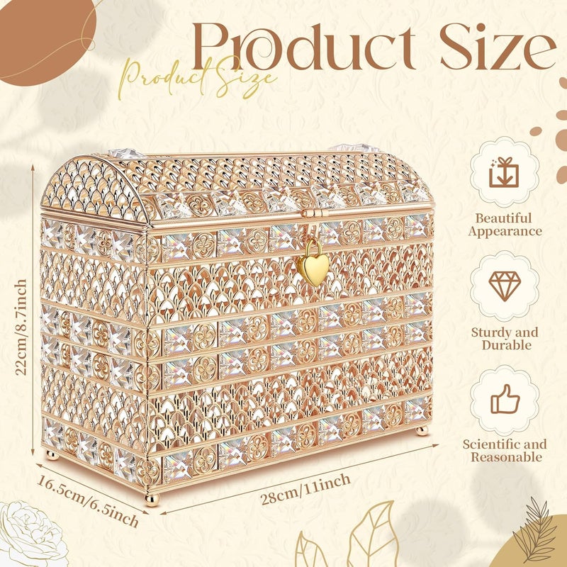 Nitial Crystal Wedding Card Box with Heart Lock 11in Wedding Money Box Treasure Chest Gold Bead Card Receiving Memory Storage for Reception Brithday Graduation Baby Shower Party Decor(Exquisite Style) - Image 2