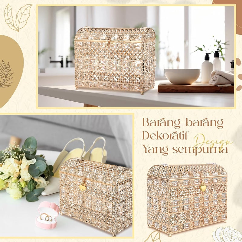 Nitial Crystal Wedding Card Box with Heart Lock 11in Wedding Money Box Treasure Chest Gold Bead Card Receiving Memory Storage for Reception Brithday Graduation Baby Shower Party Decor(Exquisite Style) - Image 3