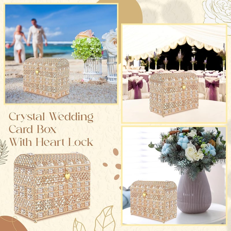 Nitial Crystal Wedding Card Box with Heart Lock 11in Wedding Money Box Treasure Chest Gold Bead Card Receiving Memory Storage for Reception Brithday Graduation Baby Shower Party Decor(Exquisite Style) - Image 5