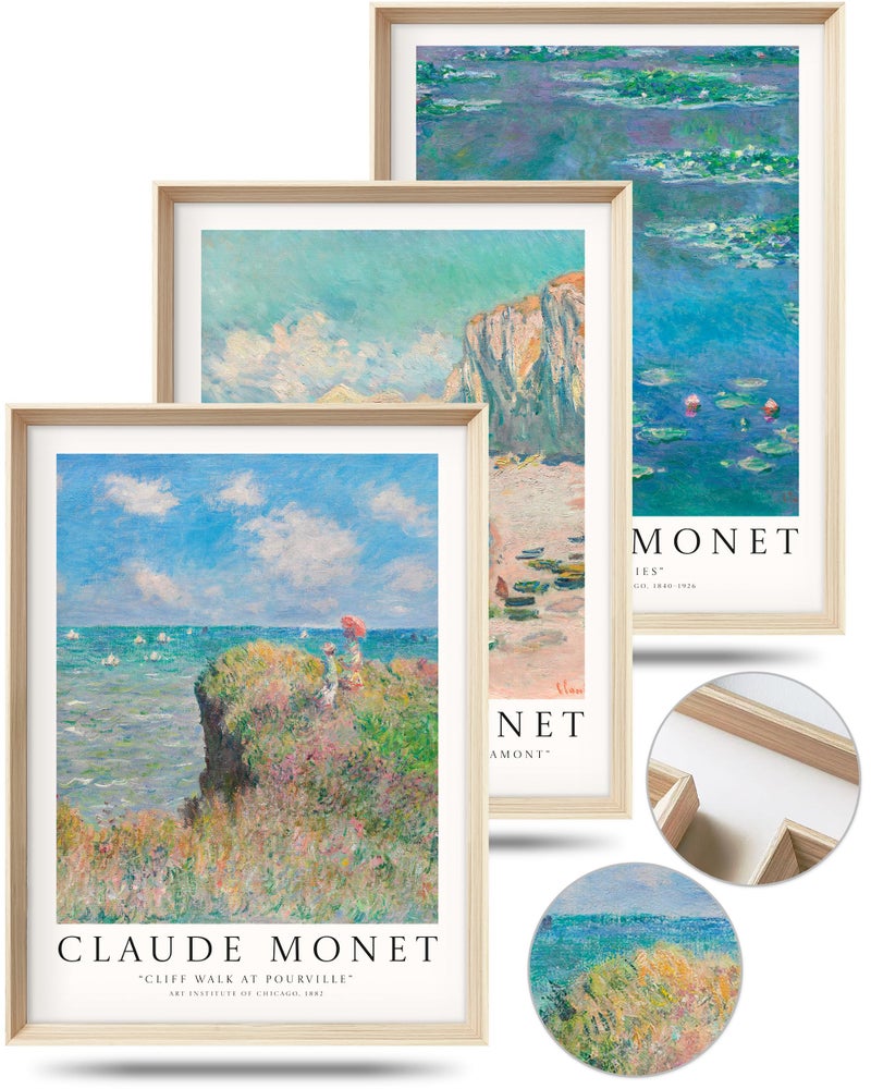 HesenDot Claude Monet Framed Wall Art,12x16in High Framed Canvas Prints, Impressionism Landscape Painting Poster Wall Decor,Vintage Home Decoration for Living Room Bedroom Gallery Office,Set of 3 - Image 1