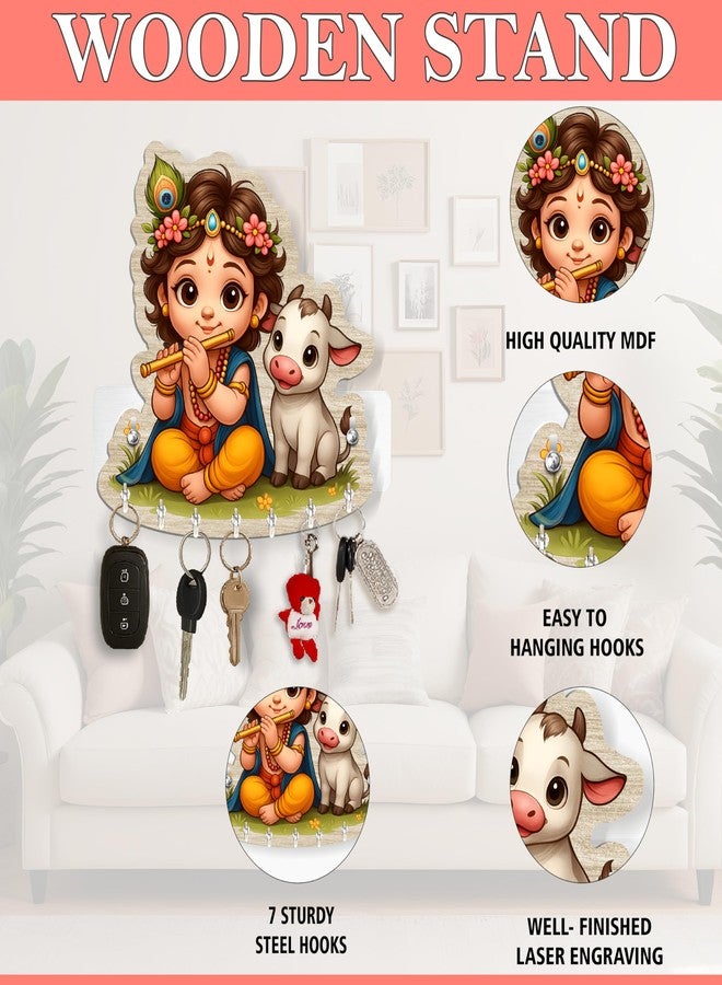 Rousrie Baby Krishna with Cow Key Holder, Brown Wooden Wall Mount Storage, 8 Hooks, Modern Style Decorative Design, No-Drill Home Office, Home Decor - Image 5