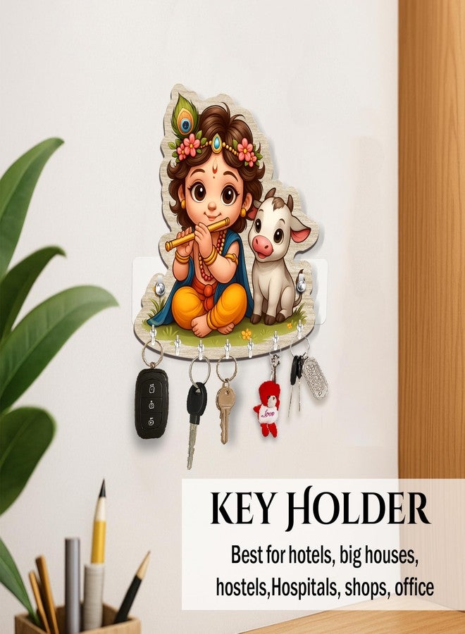 Rousrie Baby Krishna with Cow Key Holder, Brown Wooden Wall Mount Storage, 8 Hooks, Modern Style Decorative Design, No-Drill Home Office, Home Decor - Image 2