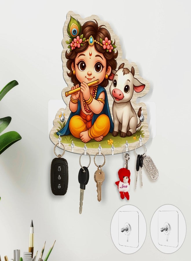 Rousrie Baby Krishna with Cow Key Holder, Brown Wooden Wall Mount Storage, 8 Hooks, Modern Style Decorative Design, No-Drill Home Office, Home Decor - Image 1