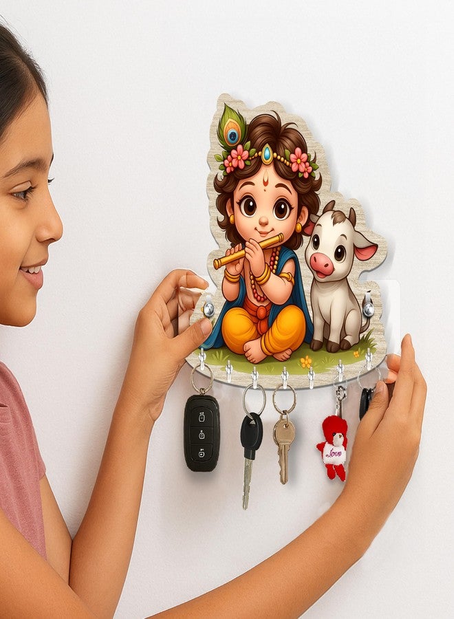 Rousrie Baby Krishna with Cow Key Holder, Brown Wooden Wall Mount Storage, 8 Hooks, Modern Style Decorative Design, No-Drill Home Office, Home Decor - Image 3