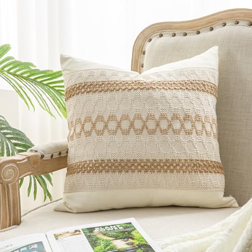 Mayler Yee Throw Pillow Covers 18 x 18 Inch 1PC for Farmhouse Living Room, Cotton & Burlap Textured Striped Woven Boho Pillow Covers (Beige & Brown, Triple Striped) - Image 1