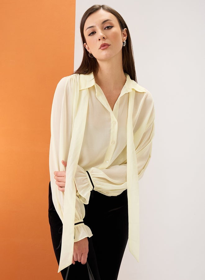 Globus Yellow Collared Neck Tie Chiffon Shirt - Image 5