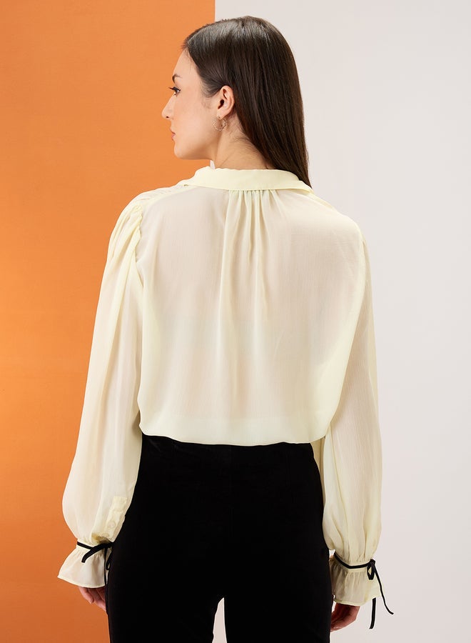 Globus Yellow Collared Neck Tie Chiffon Shirt - Image 3