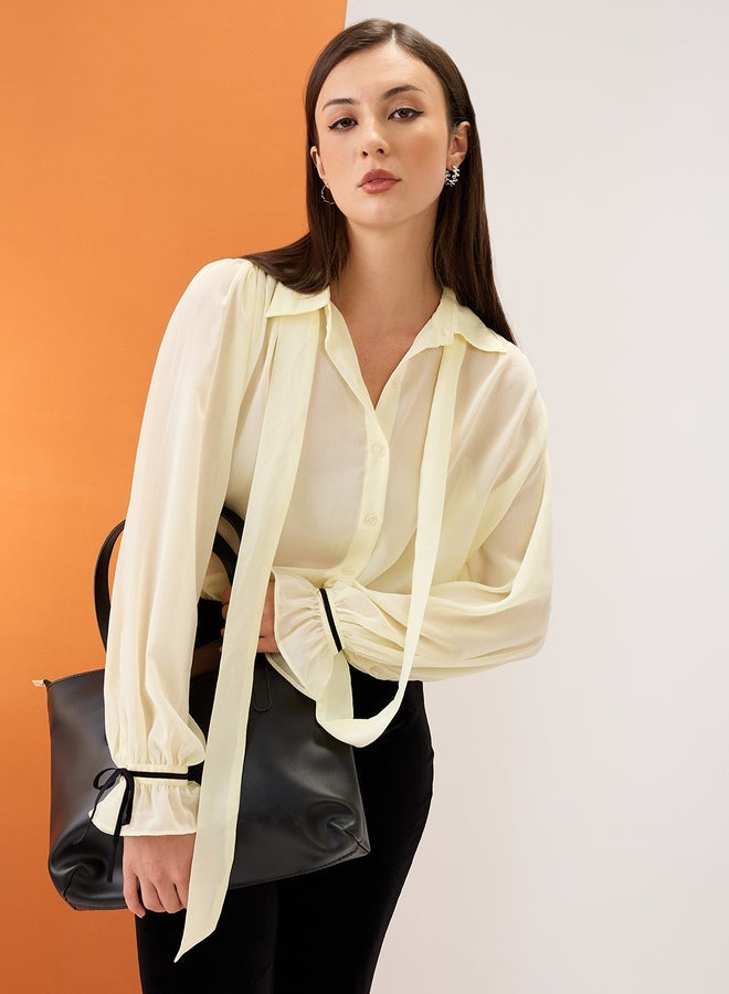 Globus Yellow Collared Neck Tie Chiffon Shirt - Image 2