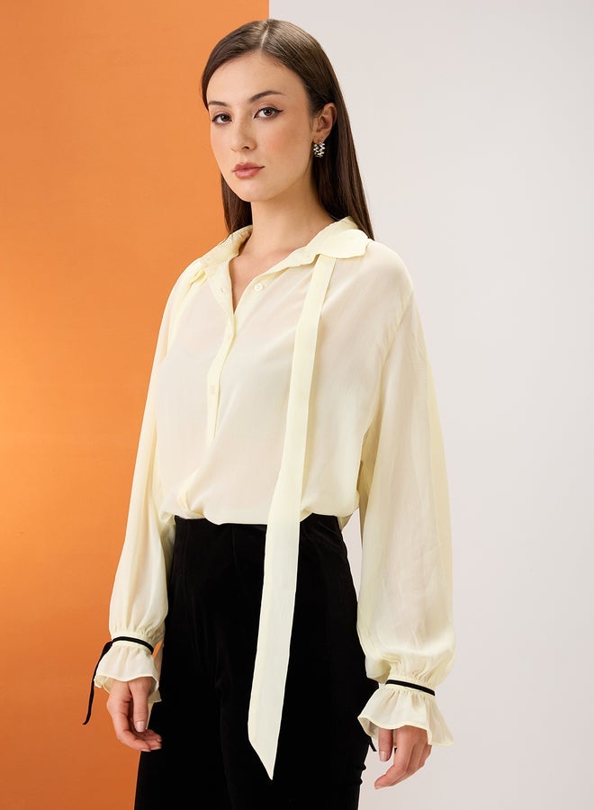 Globus Yellow Collared Neck Tie Chiffon Shirt - Image 1