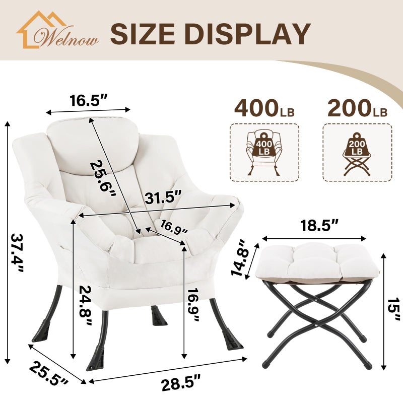 Welnow Lazy Chair with Ottoman, Modern Reading Accent Chair with Armrests and a Side Pocket, Leisure Upholstered Lazy Sofa Set with Footrest for Small Space, Beige - Image 2