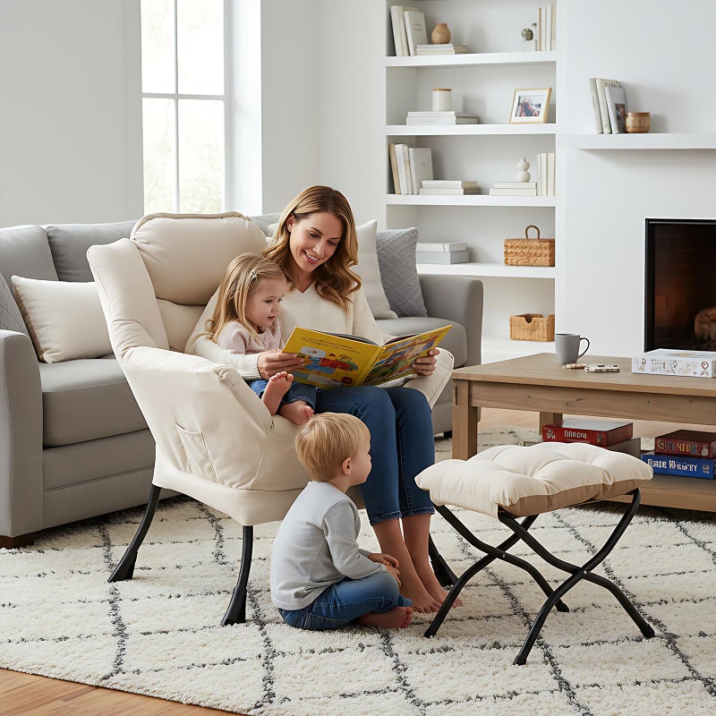 Welnow Lazy Chair with Ottoman, Modern Reading Accent Chair with Armrests and a Side Pocket, Leisure Upholstered Lazy Sofa Set with Footrest for Small Space, Beige - Image 3