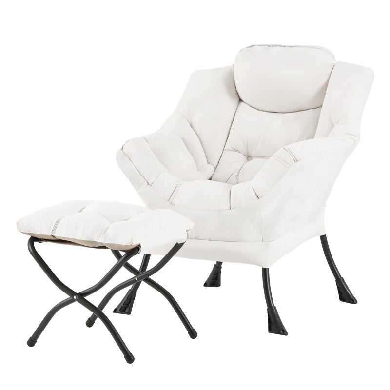 Welnow Lazy Chair with Ottoman, Modern Reading Accent Chair with Armrests and a Side Pocket, Leisure Upholstered Lazy Sofa Set with Footrest for Small Space, Beige - Image 1