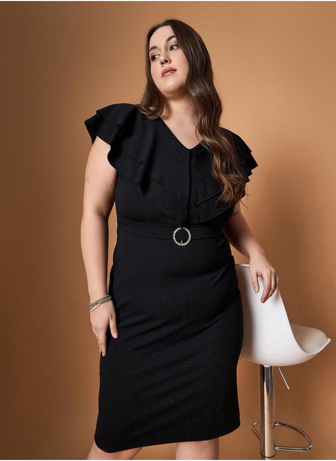SASSAFRAS Plus Size Glittered Ruffle Detail Sheath Midi Dress by Styli  - Image 1