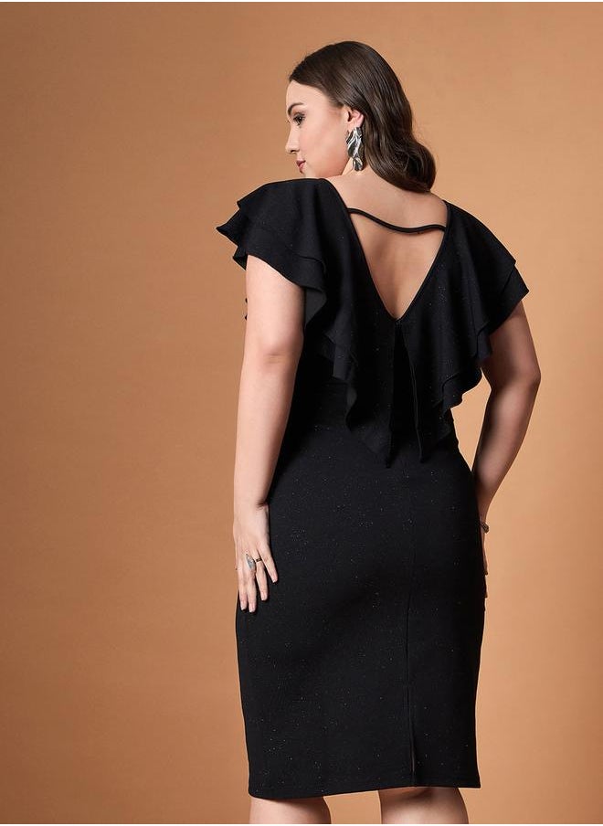 SASSAFRAS Plus Size Glittered Ruffle Detail Sheath Midi Dress by Styli  - Image 5