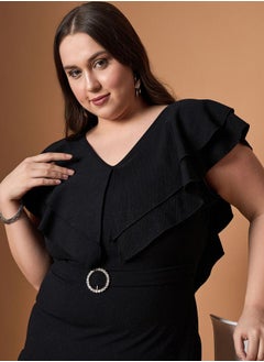 SASSAFRAS Plus Size Glittered Ruffle Detail Sheath Midi Dress by Styli  - Image 4