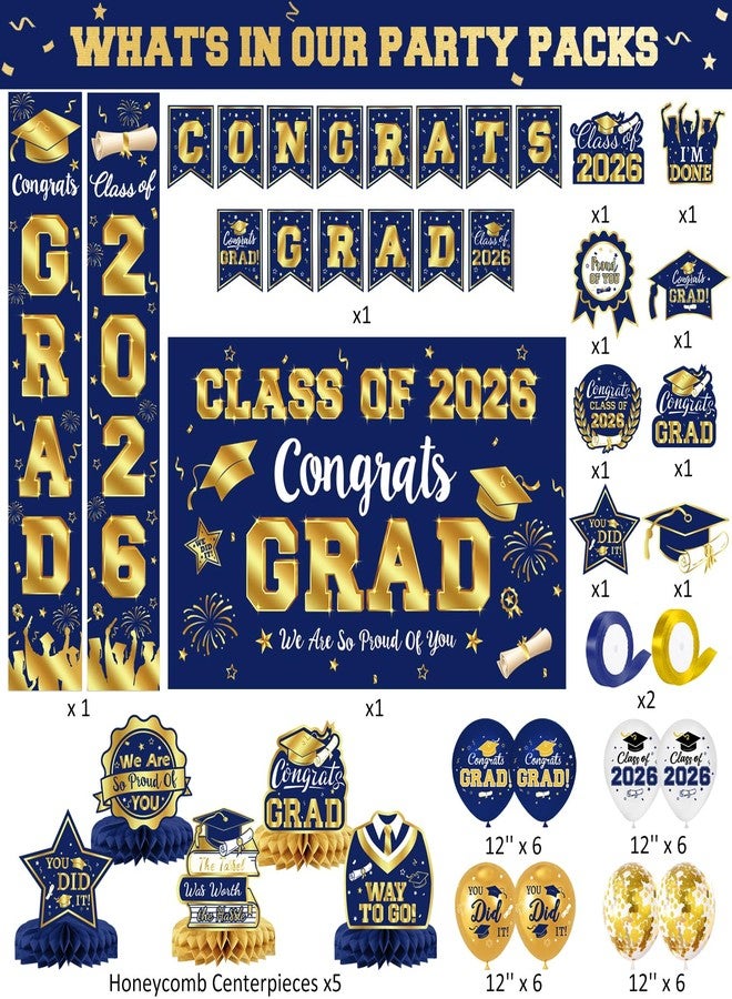LINHAXM 2026 Graduation Decorations - Navy Blue and Gold Graduation Decorations Set Congrats Grad Banner & Backdrop, Porch Sign, Hanging Swirls, Balloons, Honeycomb Centerpieces for Congrats Grad Party Decorations - Image 2
