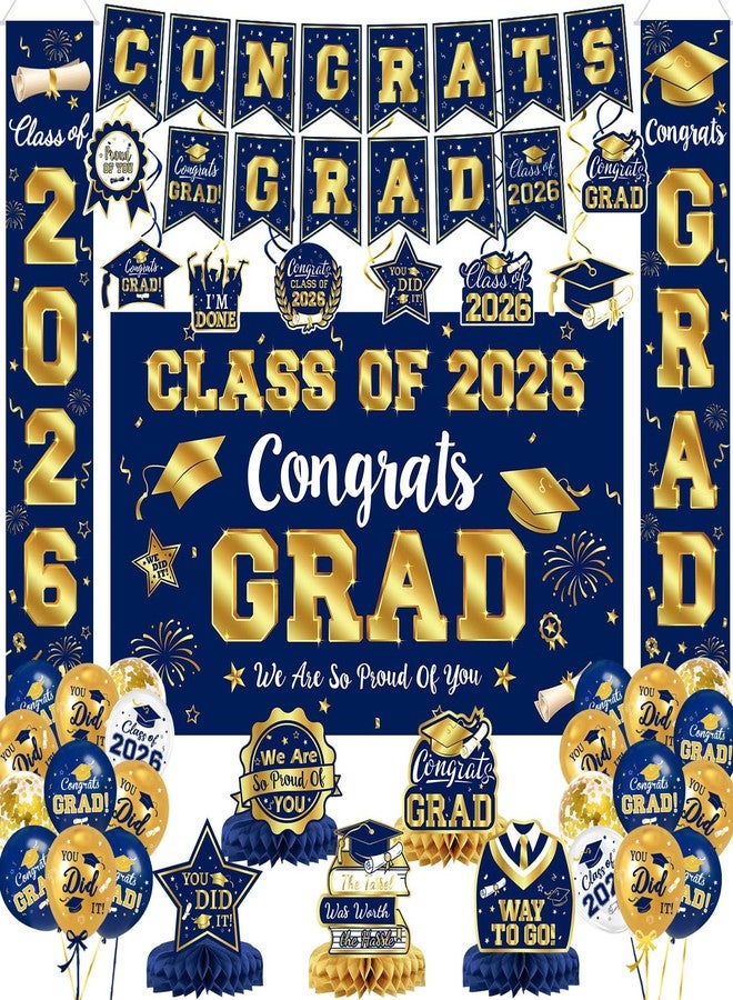 LINHAXM 2026 Graduation Decorations - Navy Blue and Gold Graduation Decorations Set Congrats Grad Banner & Backdrop, Porch Sign, Hanging Swirls, Balloons, Honeycomb Centerpieces for Congrats Grad Party Decorations - Image 1