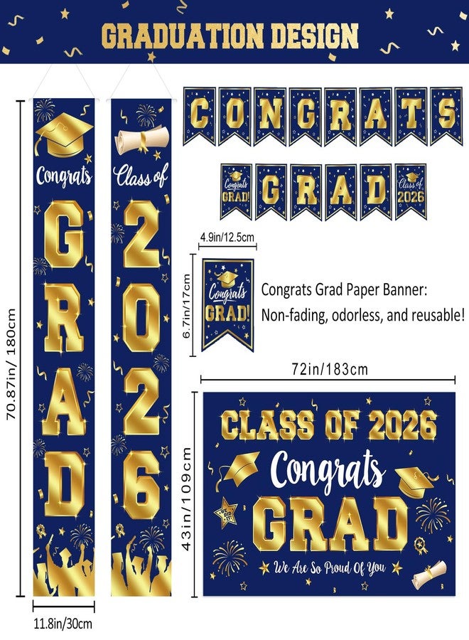 LINHAXM 2026 Graduation Decorations - Navy Blue and Gold Graduation Decorations Set Congrats Grad Banner & Backdrop, Porch Sign, Hanging Swirls, Balloons, Honeycomb Centerpieces for Congrats Grad Party Decorations - Image 3
