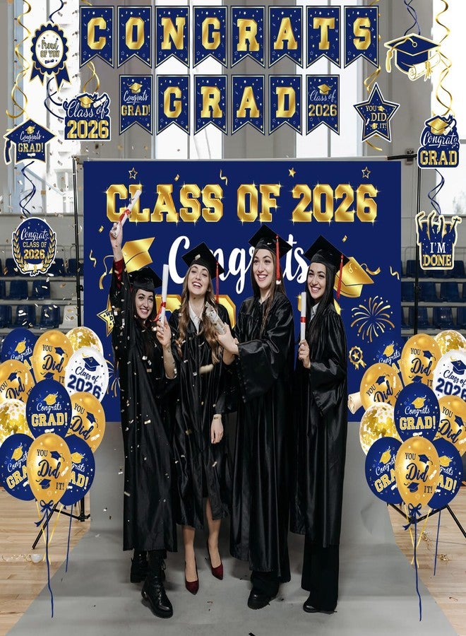 LINHAXM 2026 Graduation Decorations - Navy Blue and Gold Graduation Decorations Set Congrats Grad Banner & Backdrop, Porch Sign, Hanging Swirls, Balloons, Honeycomb Centerpieces for Congrats Grad Party Decorations - Image 4