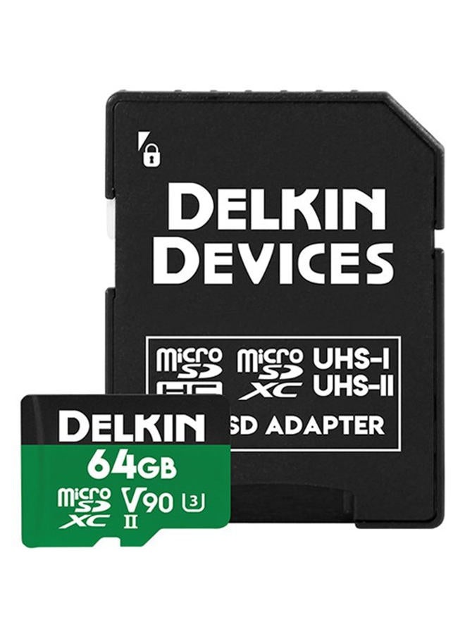 Delkin بطاقة microSD بسعة 64 جيجابايت UHS-II (V90) - سرعة قراءة 300 ميجابايت/ثانية، سرعة كتابة 250 ميجابايت/ثانية، لتسجيل الفيديو بدقة 8K، 4K، 3D، HDR، و360 درجة | أداء عالي للكاميرات - Image 1