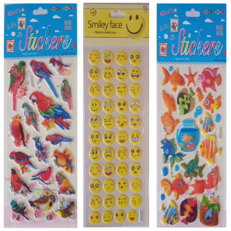 R.S 3D Foam Plastic Stickers Sheets for Kids book's Cover and Indoor Room wall's for Decoration (Emoji -Birds-Fishes) - Image 1