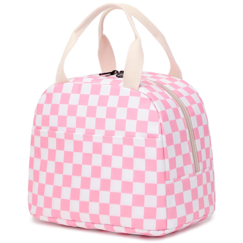 Checkered Lunch Bag for Girls Women Cute Insulated Leakproof Lunch Box Container Reusable Cooler Lunch Tote Bag for Teens Kids Adults School Travel Picnic Pink
