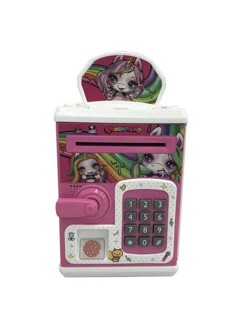 Smart kids' safe with fingerprint and password, automatically dispenses money with music and lights, featuring a cute design and cartoon characters.