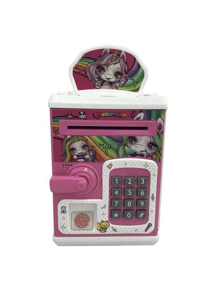 Smart kids' safe with fingerprint and password, automatically dispenses money with music and lights, featuring a cute design and cartoon characters.