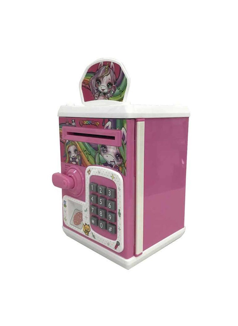 Smart kids' safe with fingerprint and password, automatically dispenses money with music and lights, featuring a cute design and cartoon characters.