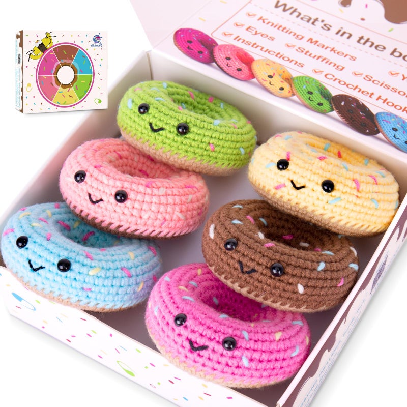 Crochetta Crochet Kit for Beginners, Beginner Crochet Starter Kit w Step-by-Step Video Tutorials, Learn to Crochet Kits for Adults & Kids, DIY Knitting Supplies, 6-Pack Donut Family(40%+ Yarn Content) - Image 1