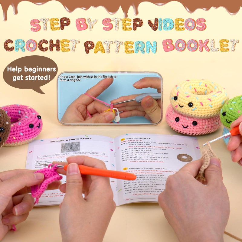 Crochetta Crochet Kit for Beginners, Beginner Crochet Starter Kit w Step-by-Step Video Tutorials, Learn to Crochet Kits for Adults & Kids, DIY Knitting Supplies, 6-Pack Donut Family(40%+ Yarn Content) - Image 2