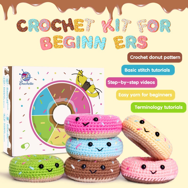 Crochetta Crochet Kit for Beginners, Beginner Crochet Starter Kit w Step-by-Step Video Tutorials, Learn to Crochet Kits for Adults & Kids, DIY Knitting Supplies, 6-Pack Donut Family(40%+ Yarn Content) - Image 4