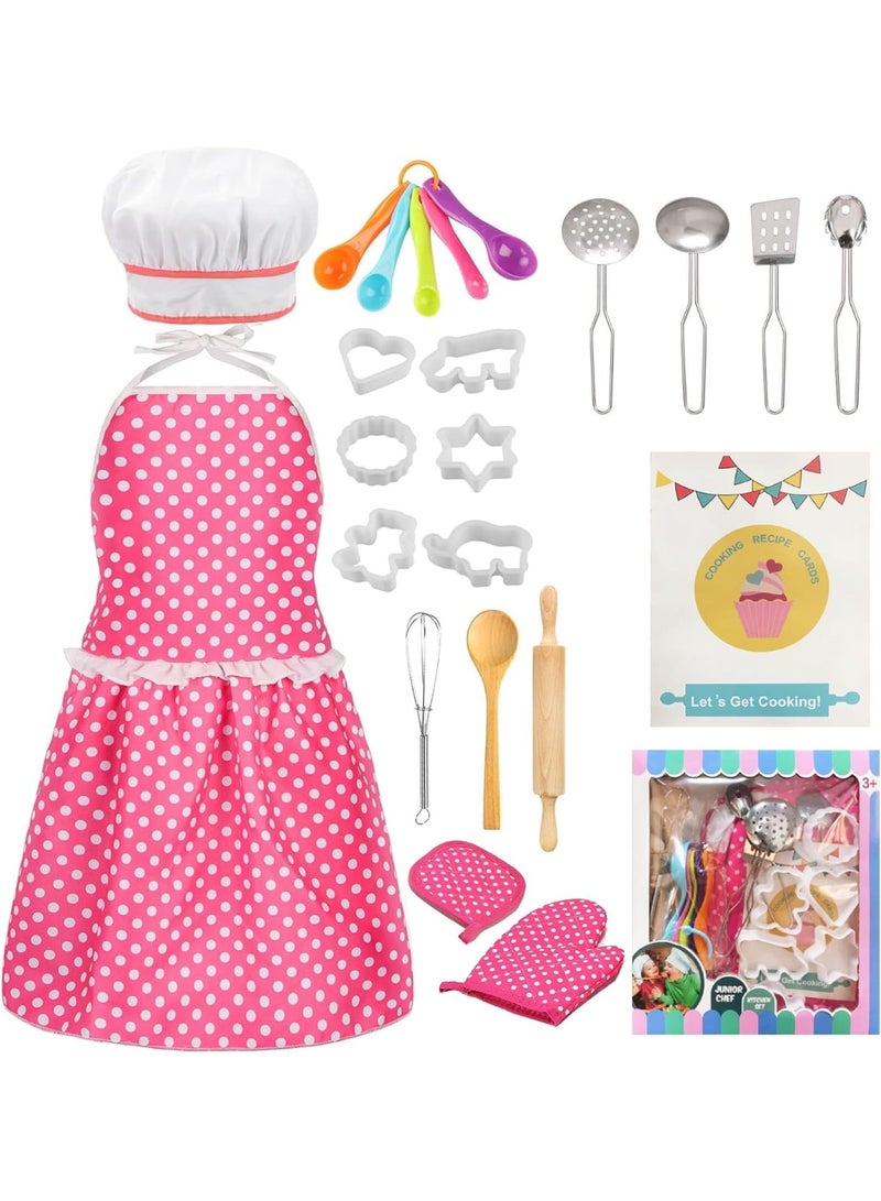 Kids Cooking Baking Set , Kids Kitchen Pretend Play Toys, Children Chef Role Play Costume Set - Chef Hat and Matching Pink Apron, Birthday Xmas Gifts for 3-8 Year Old Girls Toys - Image 1
