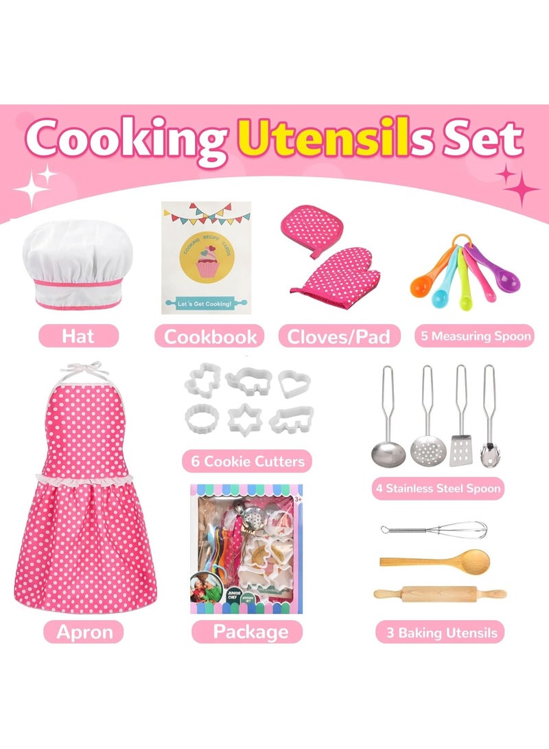 Kids Cooking Baking Set , Kids Kitchen Pretend Play Toys, Children Chef Role Play Costume Set - Chef Hat and Matching Pink Apron, Birthday Xmas Gifts for 3-8 Year Old Girls Toys - Image 3