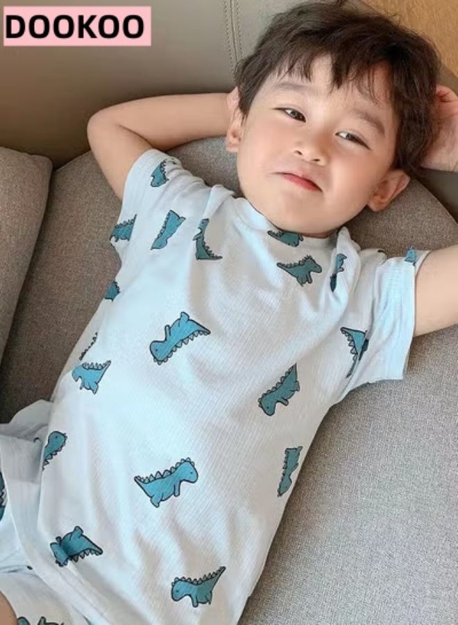 DOOKOO Boys Summer Pajama Set, Cartoon Pajamas with Dinosaur Patterns, 2 Piece Summer Sleepwear Set, Short Sleeve Top and Pants Set for Boys - Image 3