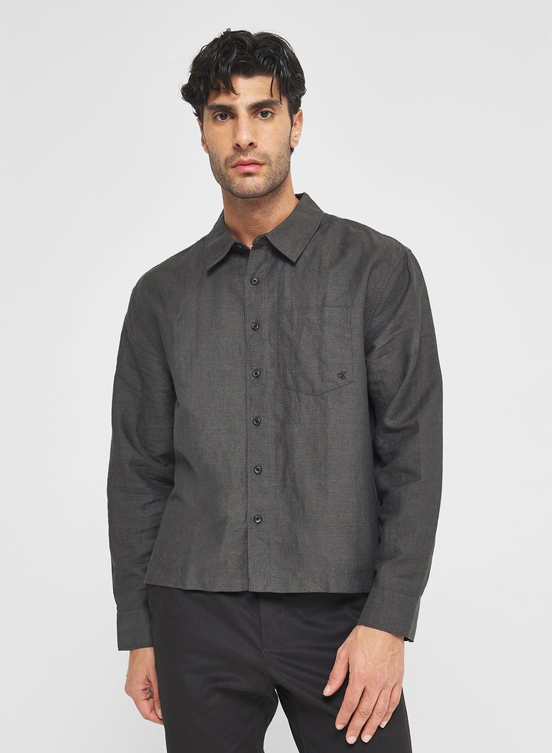 كالفن كلاين جينز قميص كتان قطن قصير مريح - Image 1