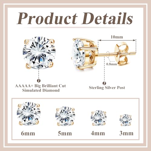 MILACOLATO Cubic Zirconia Stud Earrings for Women Men | 18K Gold Plated Hypoallergenic Sterling Silver Post Earrings | Big Brilliant Simulated Diamond CZ Halo Stud Earrings for Sensitive Ears G Round - Image 4
