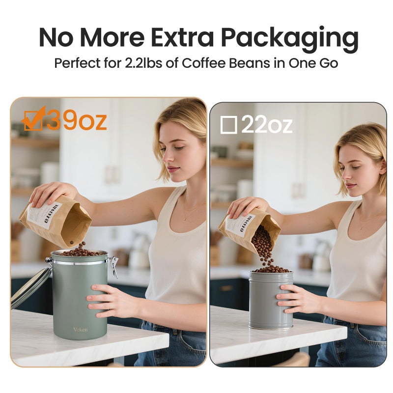 Veken Coffee Canister, 39OZ Large, Airtight Stainless Steel Food Storage Container for 2.2lbs Coffee Beans, Ground, Sugar, Tea, Flour, Cereal, Kitchen Bar Accessories with Date Tracker & Scoop, Green - Image 4