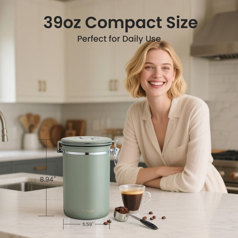 Veken Coffee Canister, 39OZ Large, Airtight Stainless Steel Food Storage Container for 2.2lbs Coffee Beans, Ground, Sugar, Tea, Flour, Cereal, Kitchen Bar Accessories with Date Tracker & Scoop, Green - Image 3
