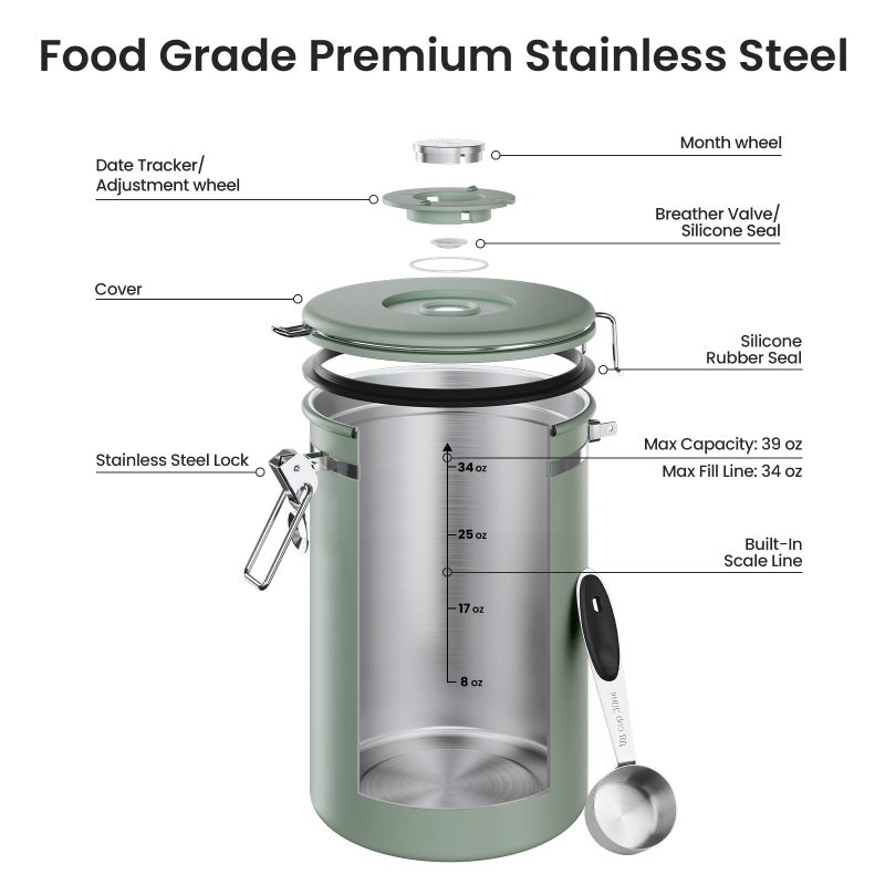 Veken Coffee Canister, 39OZ Large, Airtight Stainless Steel Food Storage Container for 2.2lbs Coffee Beans, Ground, Sugar, Tea, Flour, Cereal, Kitchen Bar Accessories with Date Tracker & Scoop, Green - Image 5