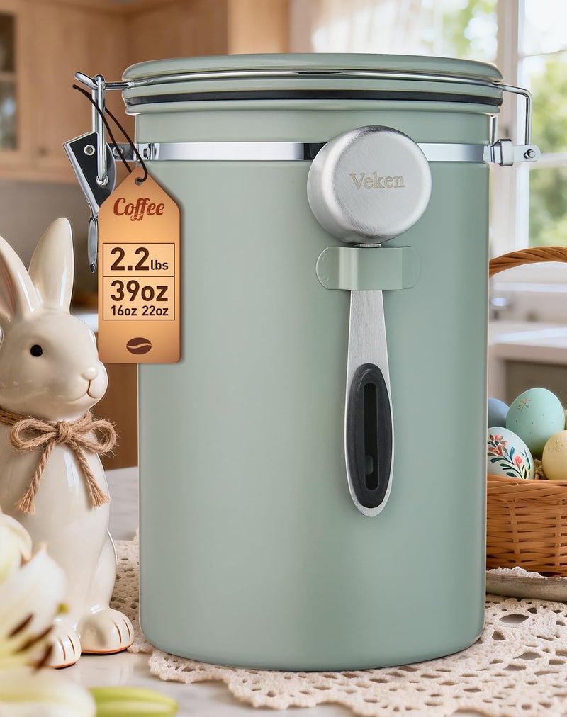 Veken Coffee Canister, 39OZ Large, Airtight Stainless Steel Food Storage Container for 2.2lbs Coffee Beans, Ground, Sugar, Tea, Flour, Cereal, Kitchen Bar Accessories with Date Tracker & Scoop, Green - Image 1