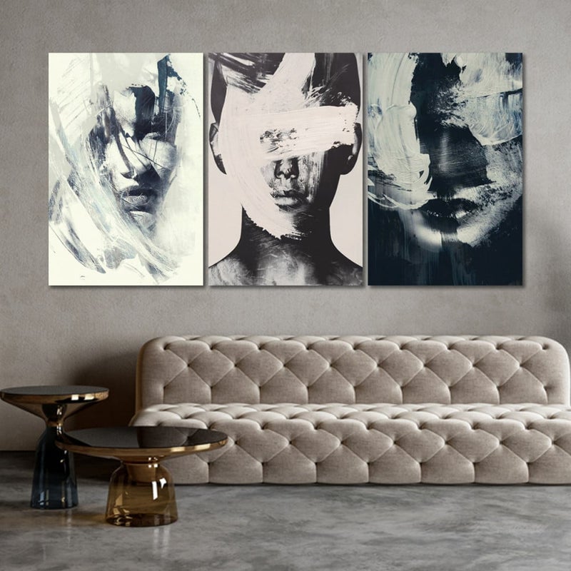 Marktna Three modern canvas paintings with a woman's design and a hollow frame, measuring (90×40), three pieces - Image 1